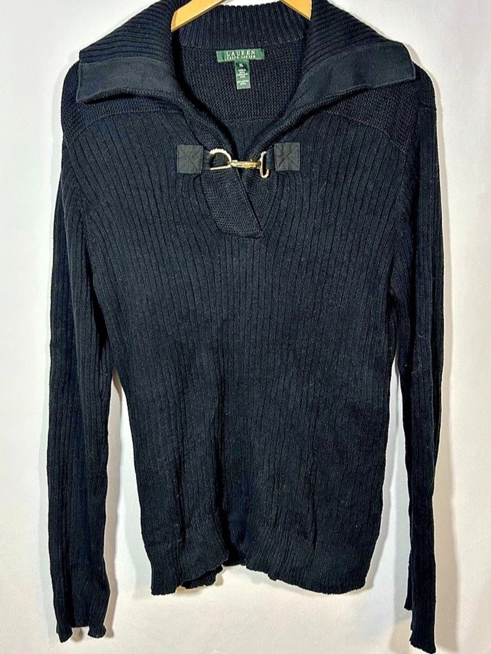 Lauren Ralph Lauren Shawl Neck Sweater XL Black EquestrianHorse Bit Buckle